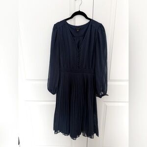 ANN TAYLOR NWOT SZ 2 long sleeve, navy pleated knee length dress, zipper, lined